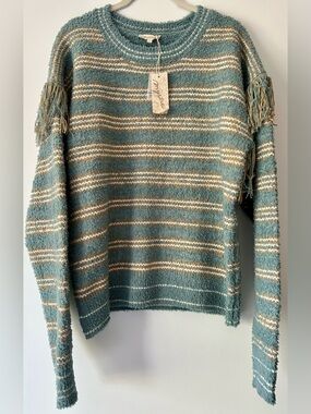 NWT - Mystree Seafoam Stripe Pullover Sweater w Fringe Detail